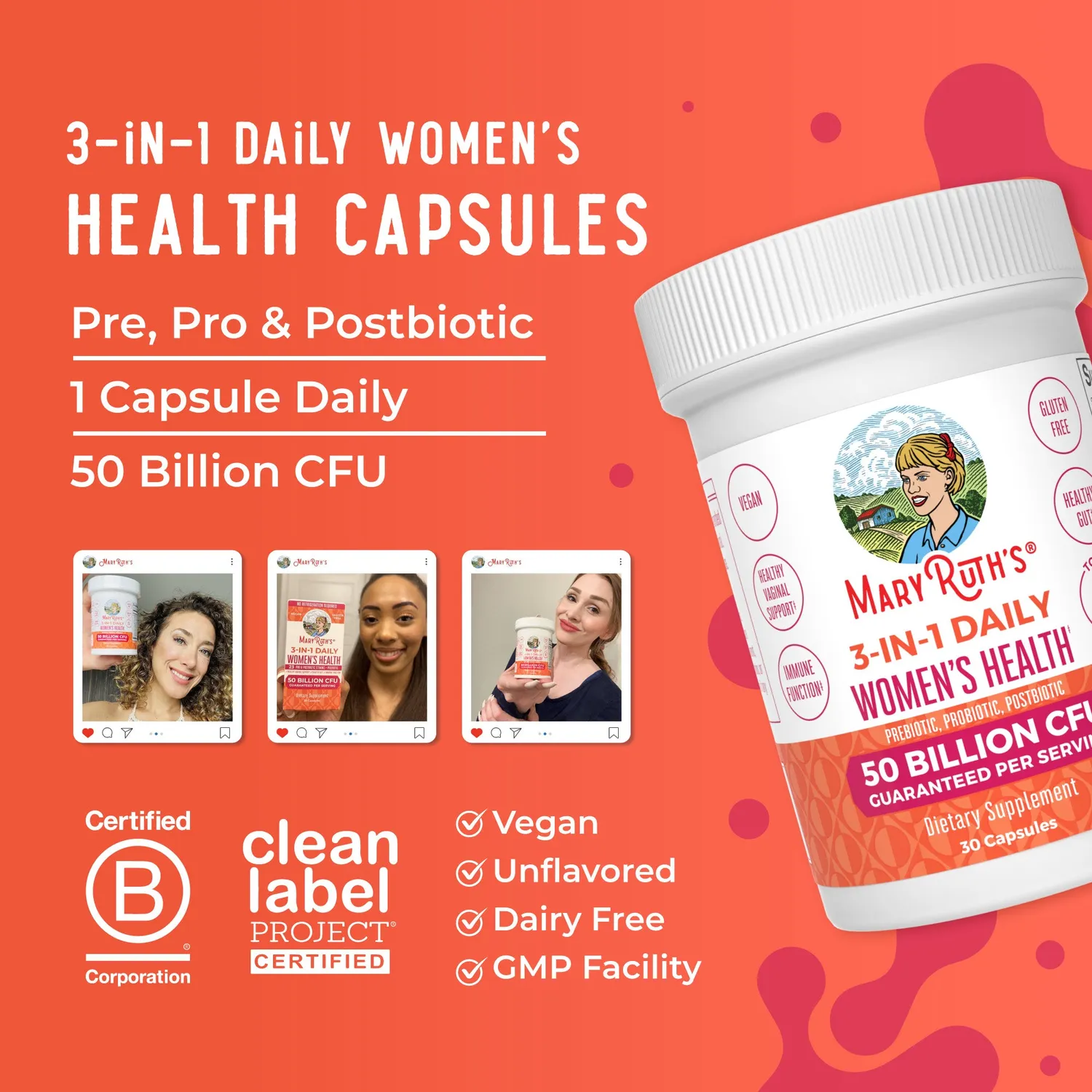 MaryRuth's 3-in-1 Women's Health kapsler probiotika