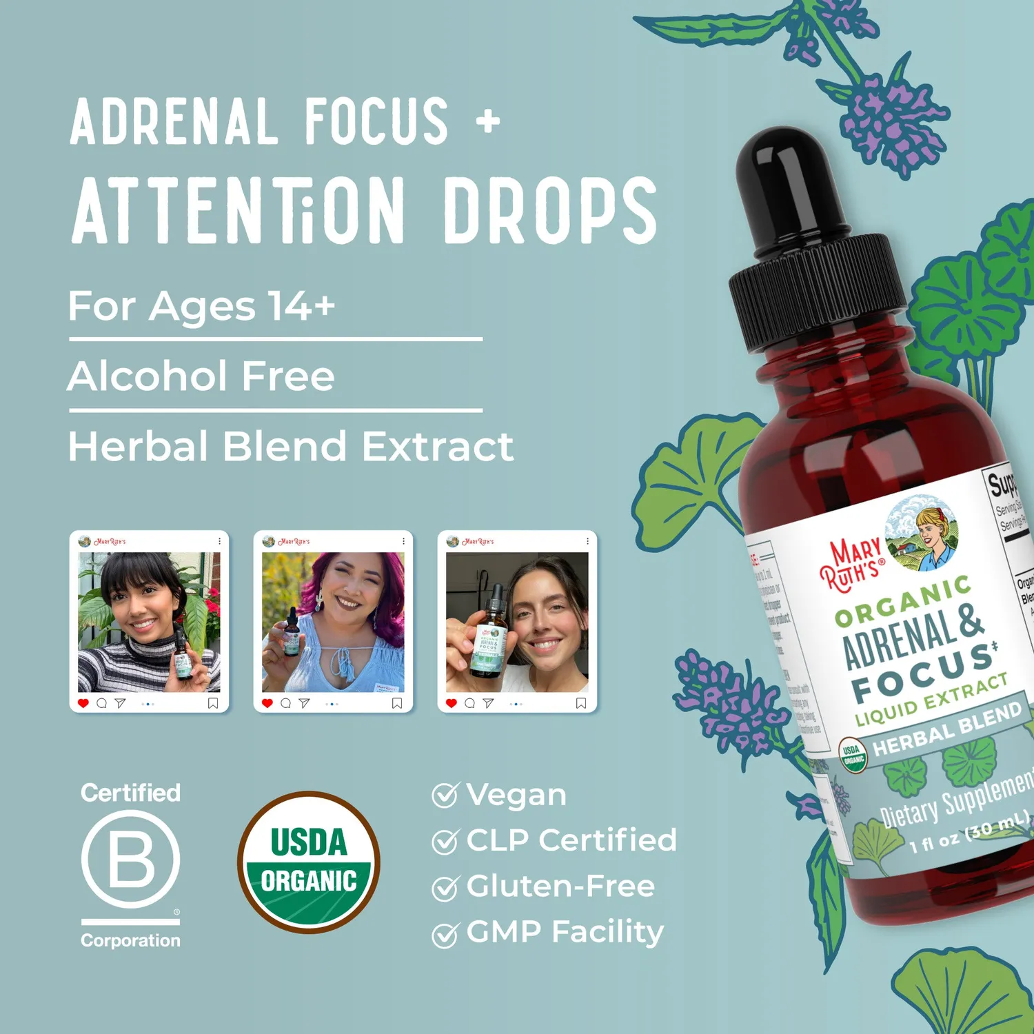 MaryRuth's Organic Adrenal & Focus urtedråper 30 ml