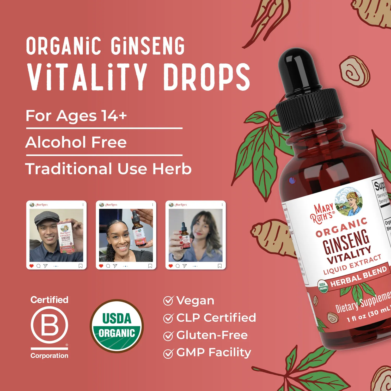 MaryRuth's Ginseng Vitality urtedråper 30 doser adaptogen