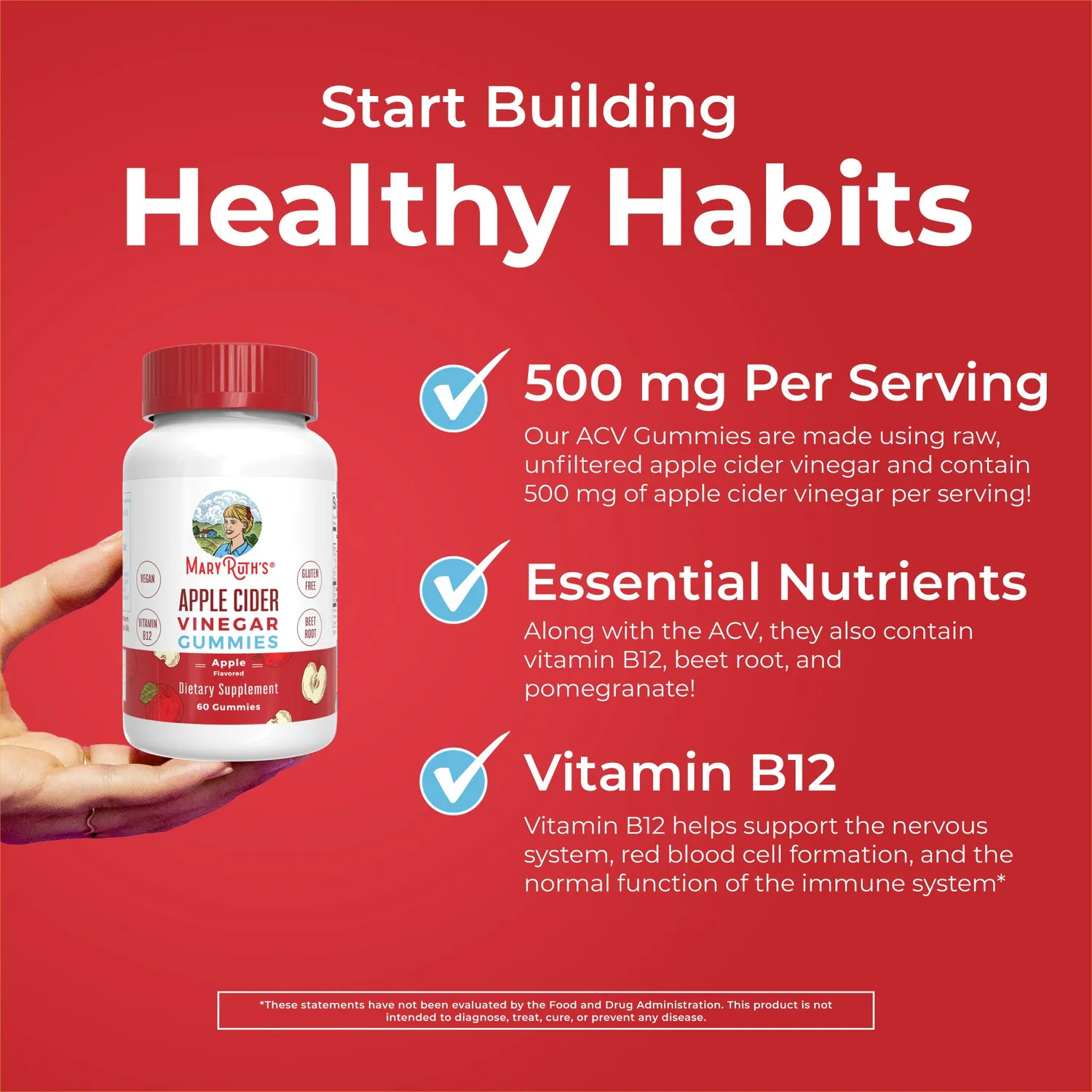 MaryRuth's Apple Cider Vinegar Gummies eple B12 500 mg