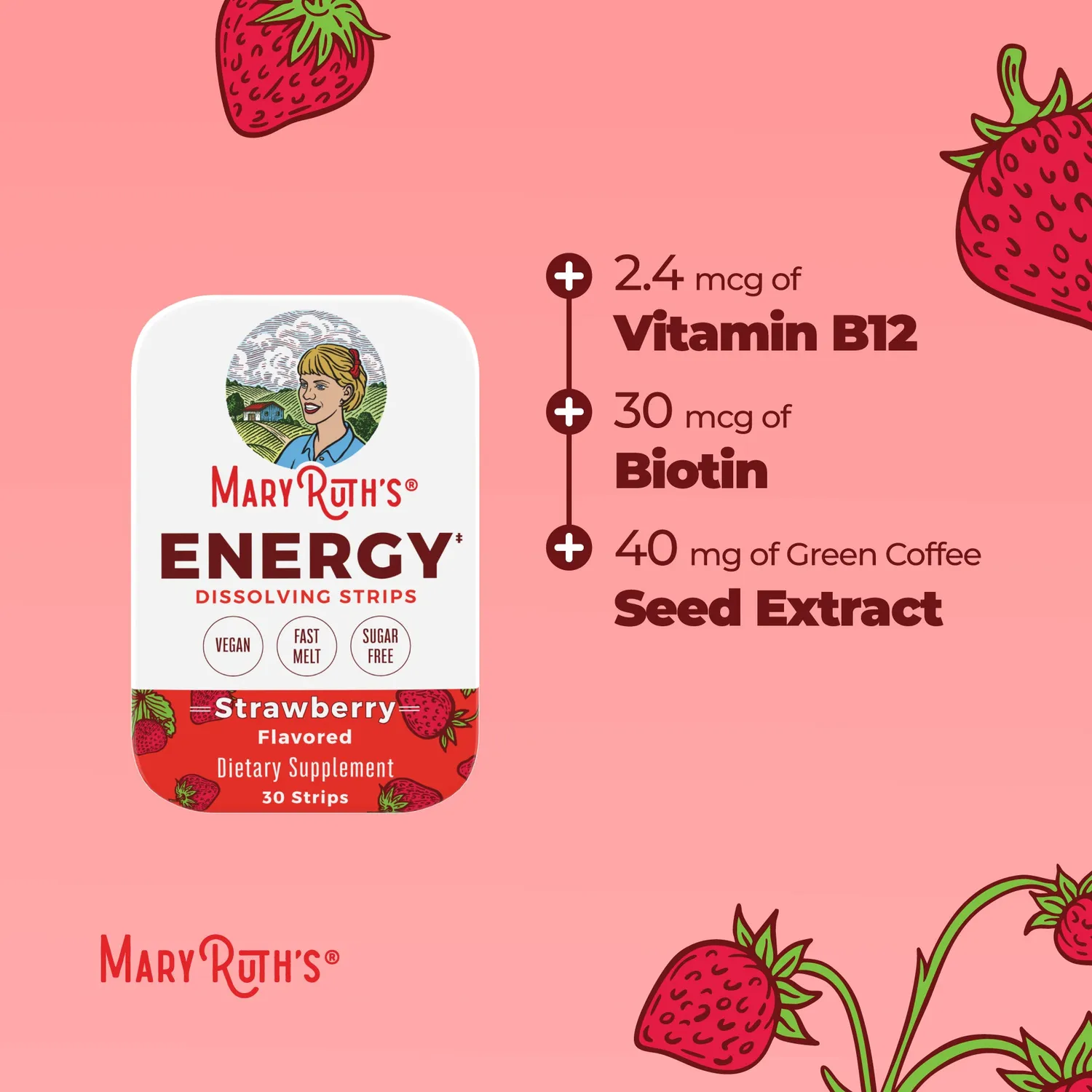 MaryRuth's Energy smeltestrips 30 stk jordbær B-vitamin