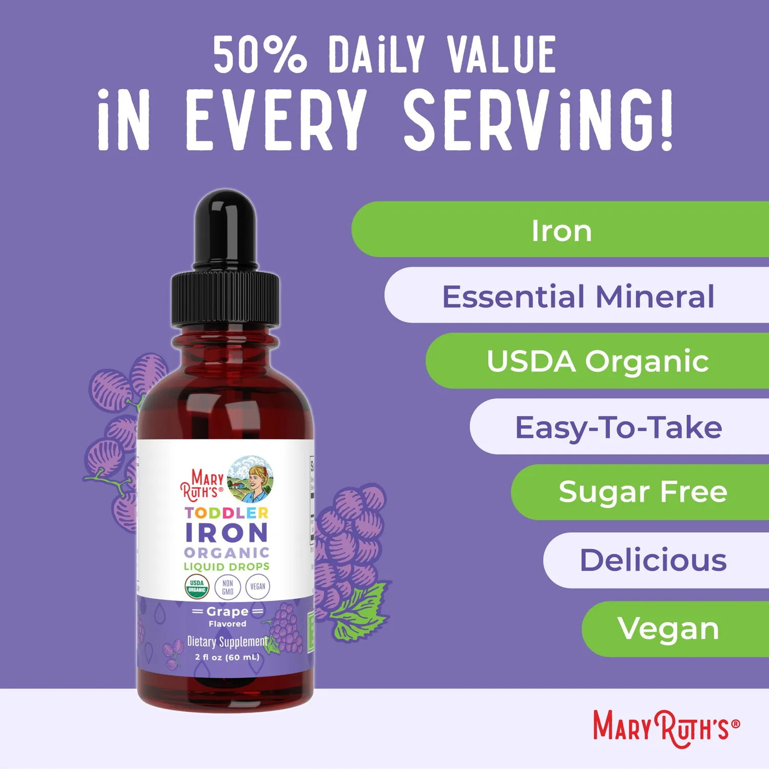 MaryRuth's Organic Toddler Iron dråper 60 doser skånsomt jern
