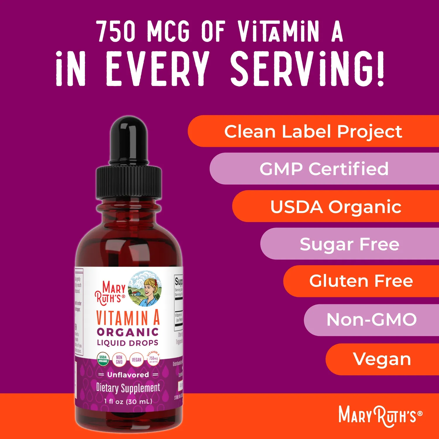 MaryRuth's Vitamin A Organic Liquid Drops dråper 90 doser
