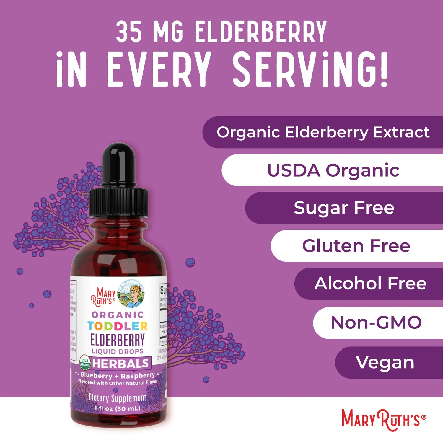 MaryRuth's Organic Toddler Elderberry dråper 128 doser
