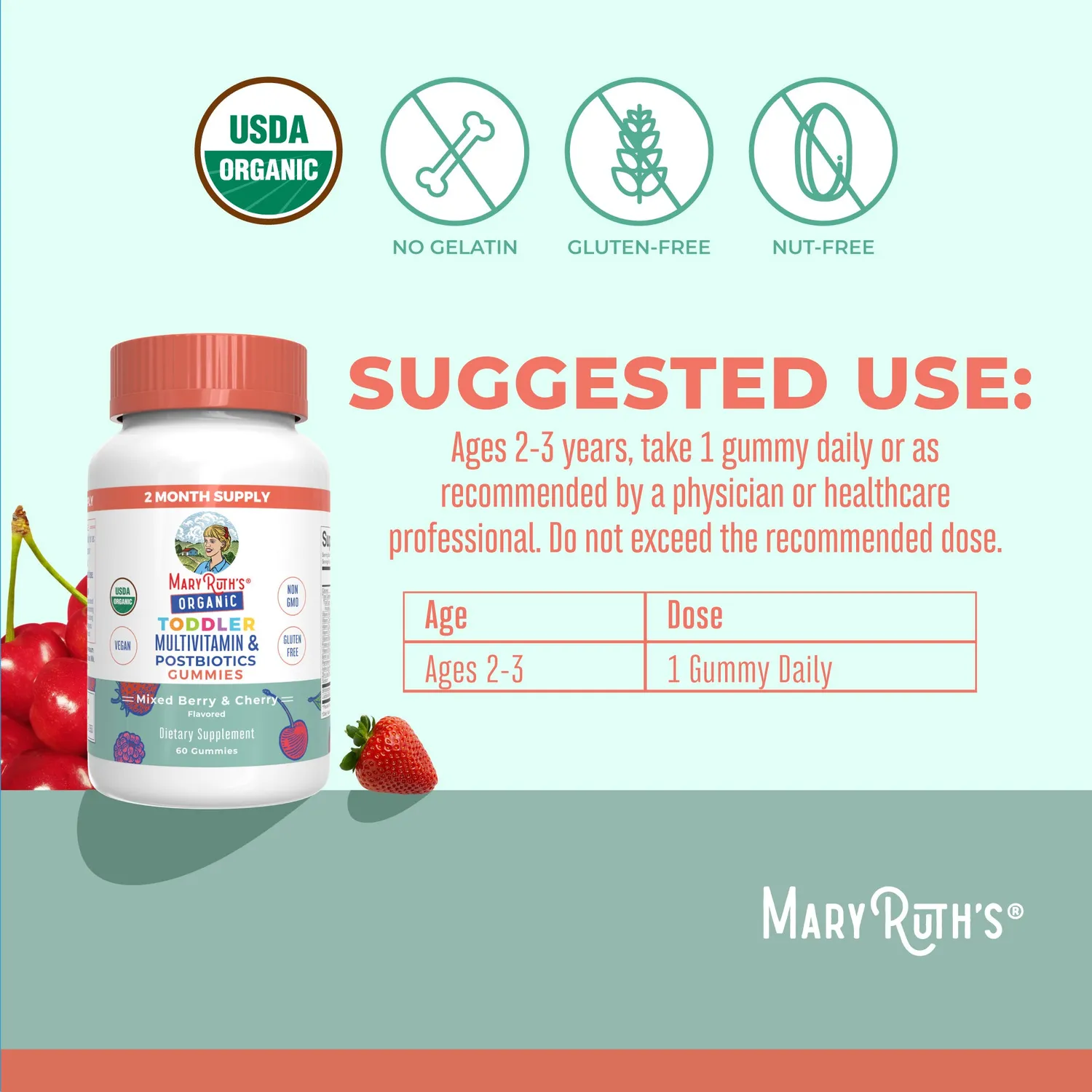 MaryRuth's Organic Toddler Multivitamin + Postbiotics gummies bær