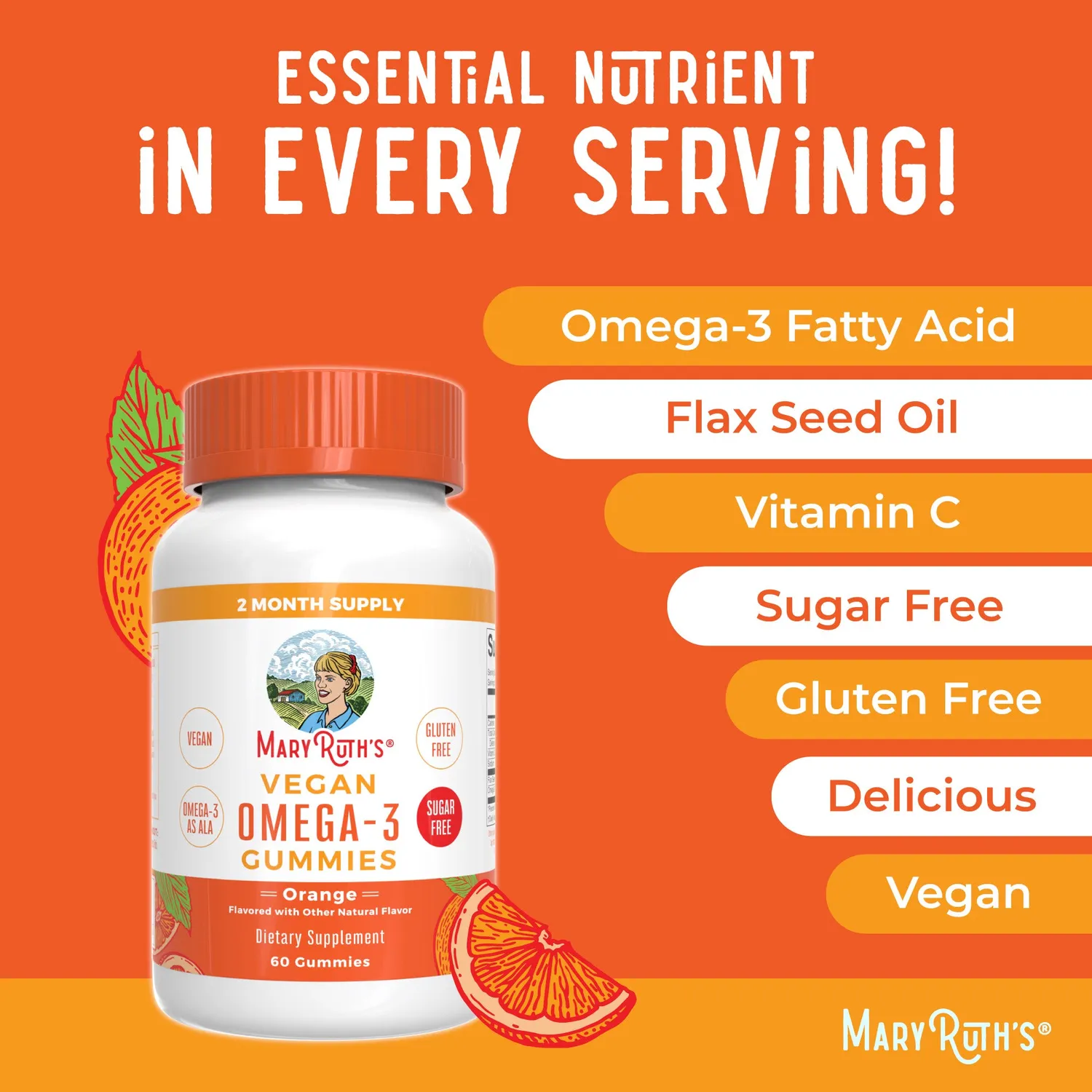 MaryRuth's Vegan Omega-3 gummies appelsin 60 stk linfrø