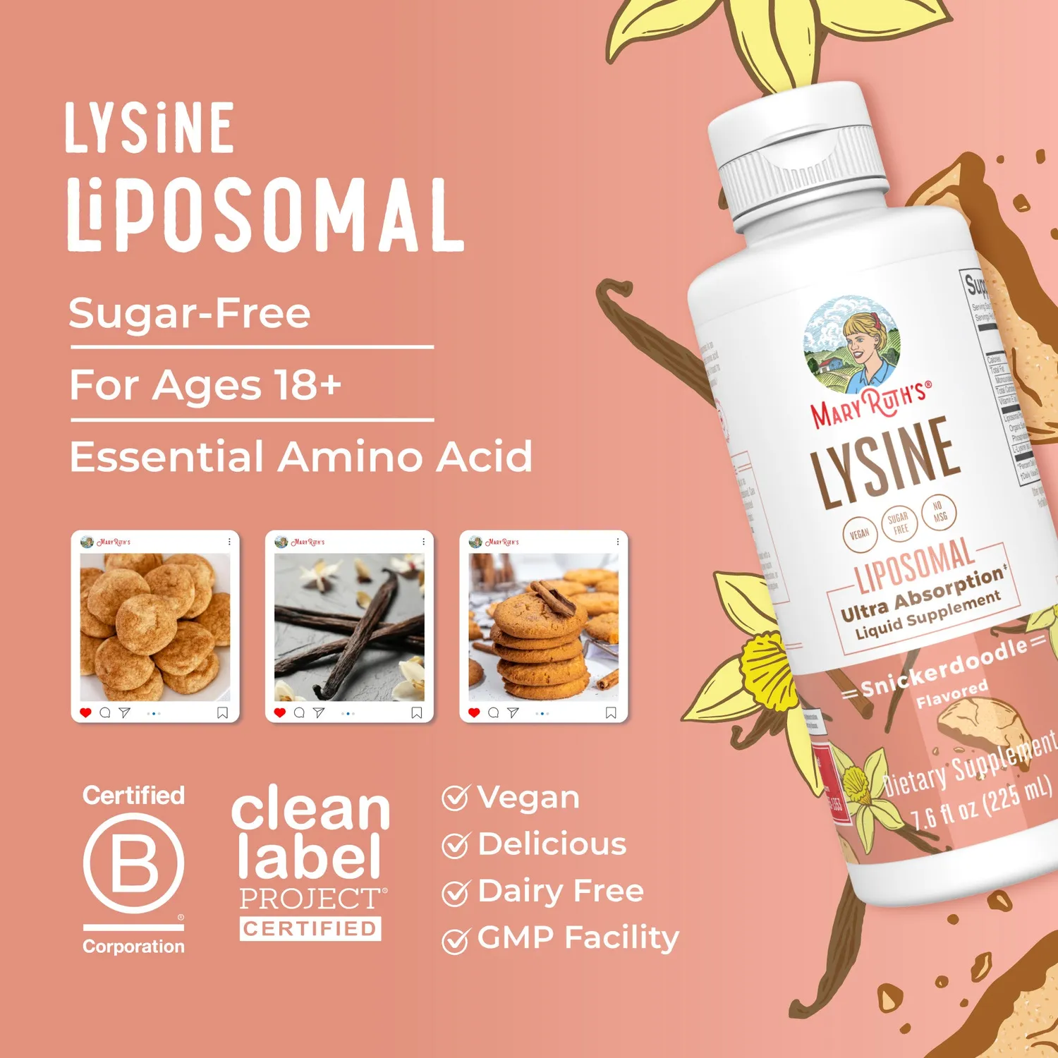 MaryRuth's Lysine Liposomal flytende lysin snickerdoodle 500 mg