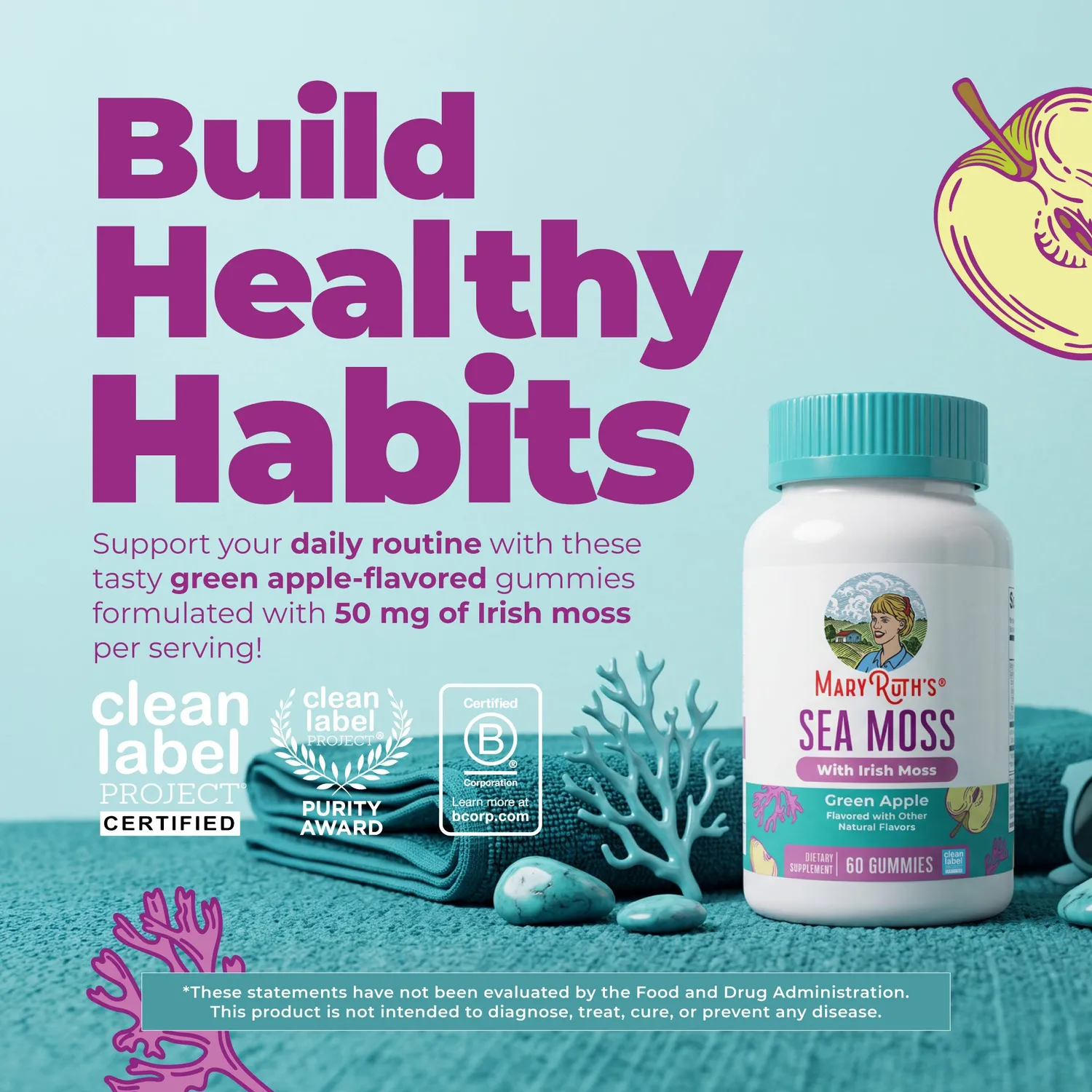 MaryRuth's Sea Moss gummies 60 stk grønt eple