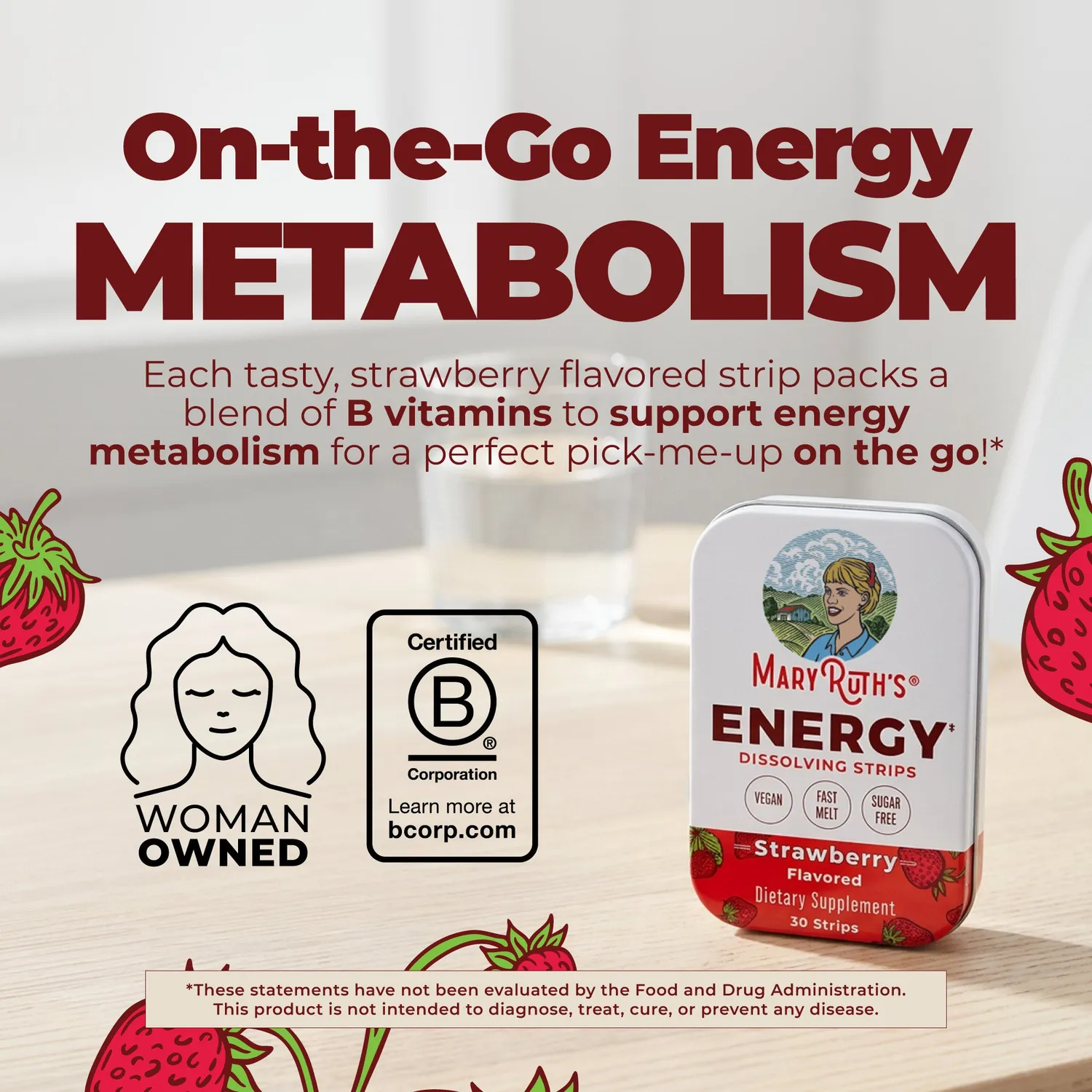 MaryRuth's Energy smeltestrips 30 stk jordbær B-vitamin