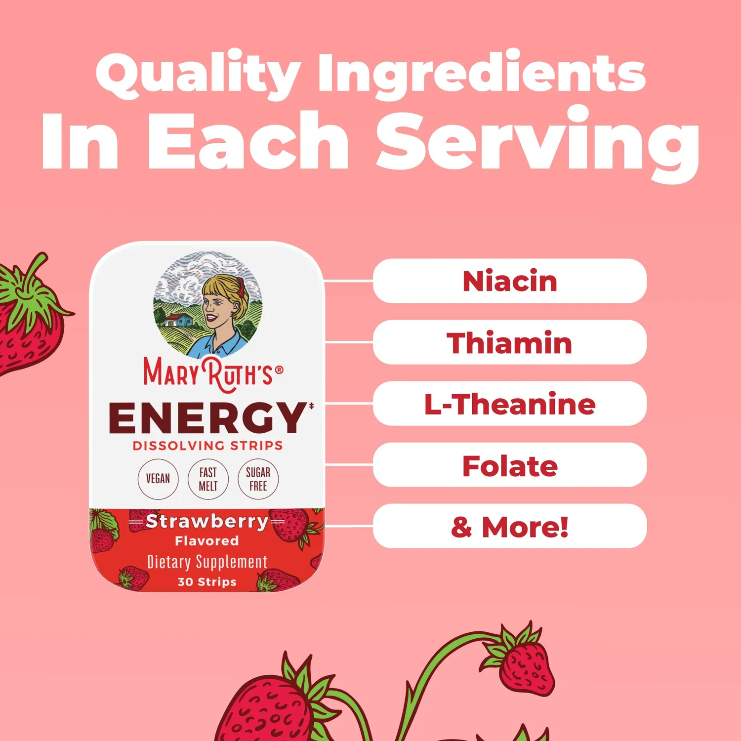 MaryRuth's Energy smeltestrips 30 stk jordbær B-vitamin