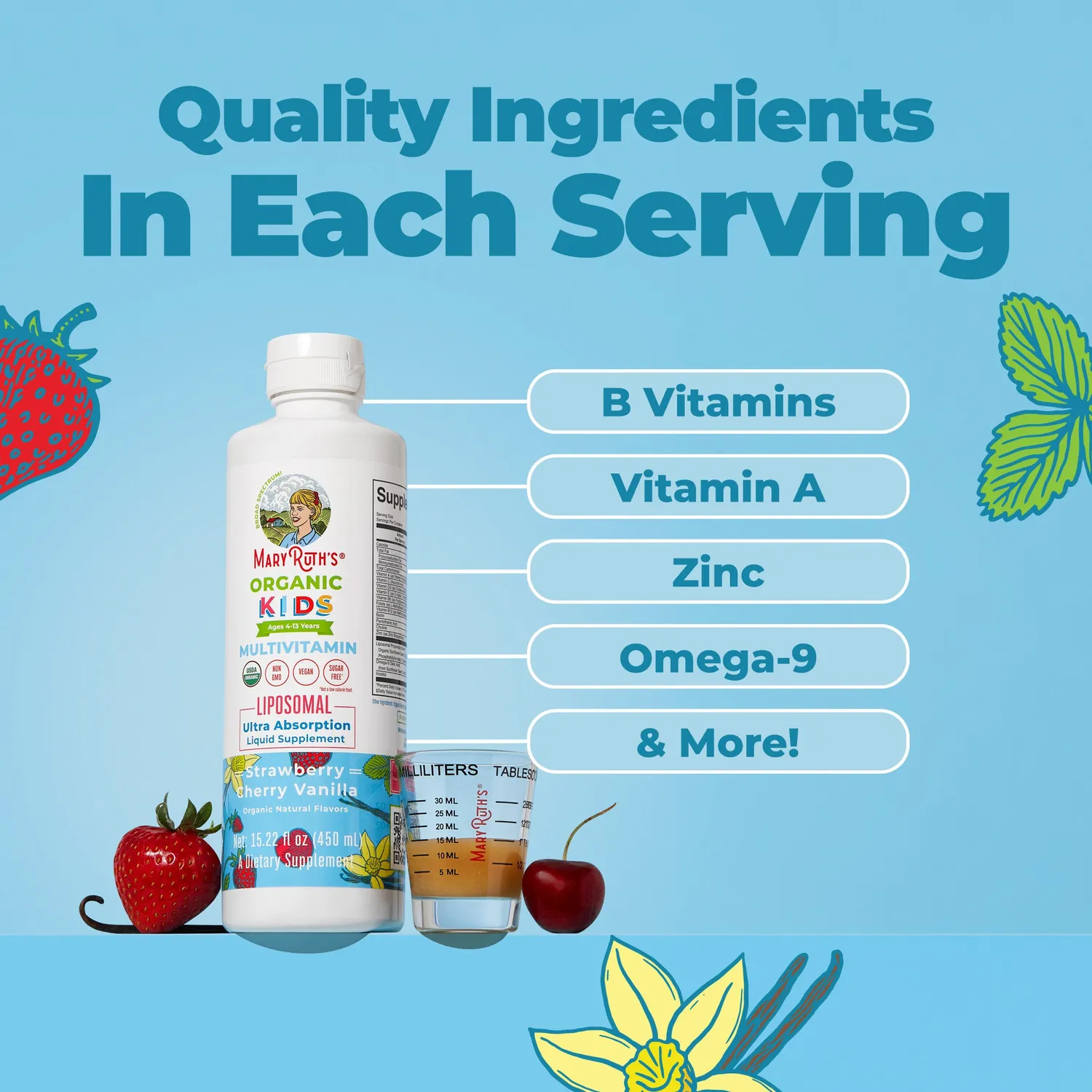 MaryRuth's Kids Multivitamin liposomal jordbær kirsebær 30 doser