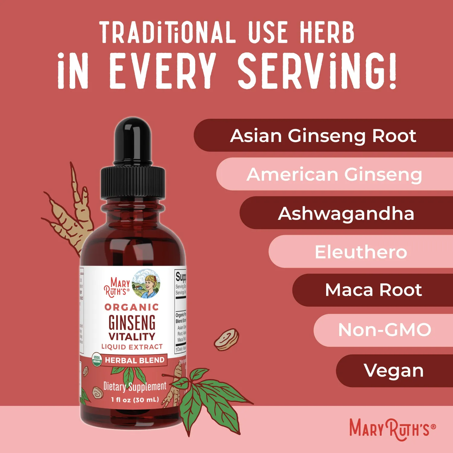 MaryRuth's Ginseng Vitality urtedråper 30 doser adaptogen
