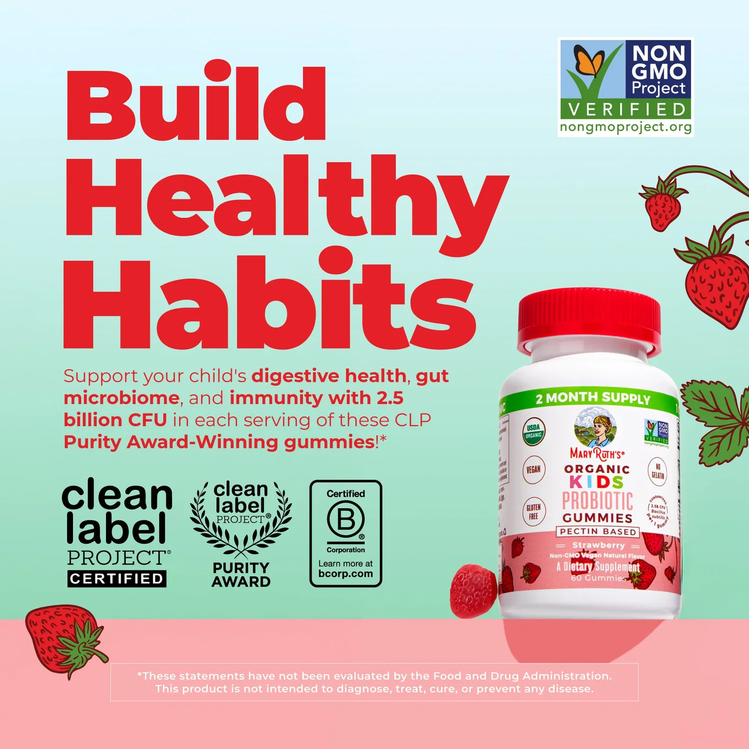 MaryRuth's Organic Kids Probiotic gummies jordbær 60 stk