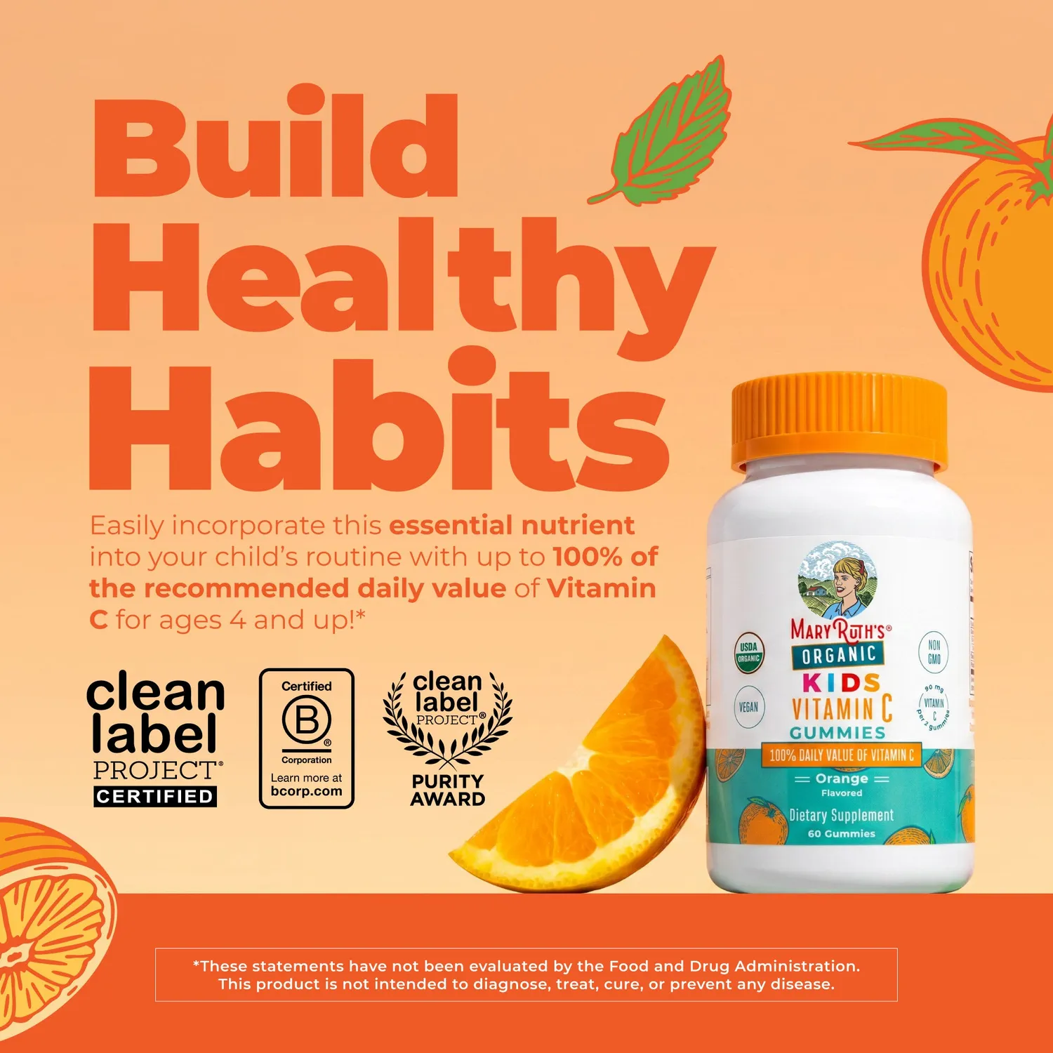 MaryRuth's Organic Kids Vitamin C Gummies tyggetablett appelsin 60 stk