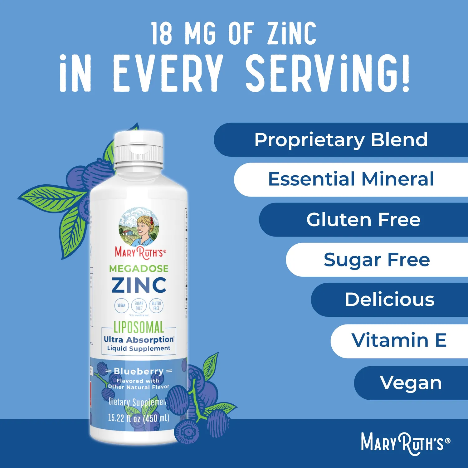 MaryRuth's Megadose Zinc liposomal blåbær 30 doser