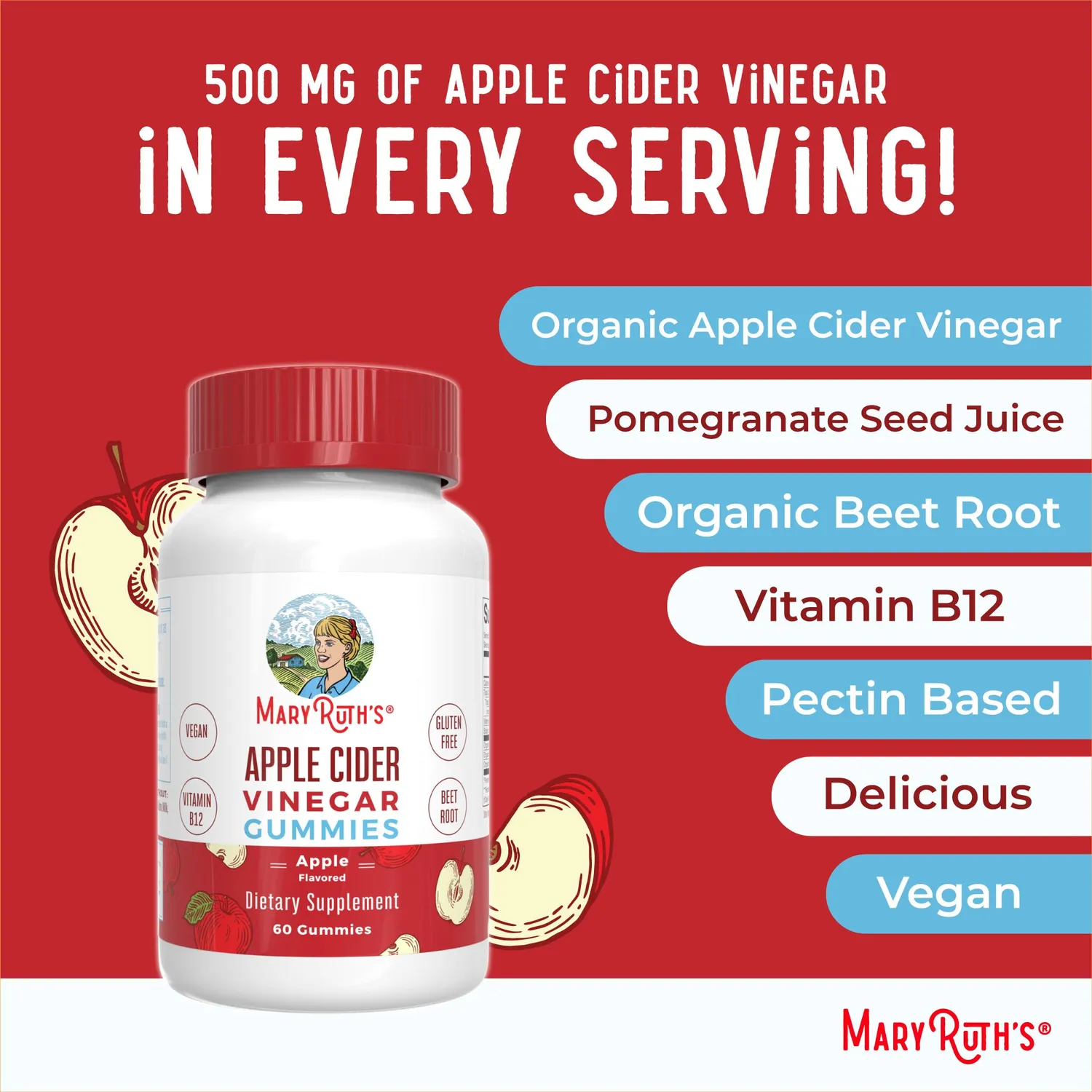 MaryRuth's Apple Cider Vinegar Gummies eple B12 500 mg