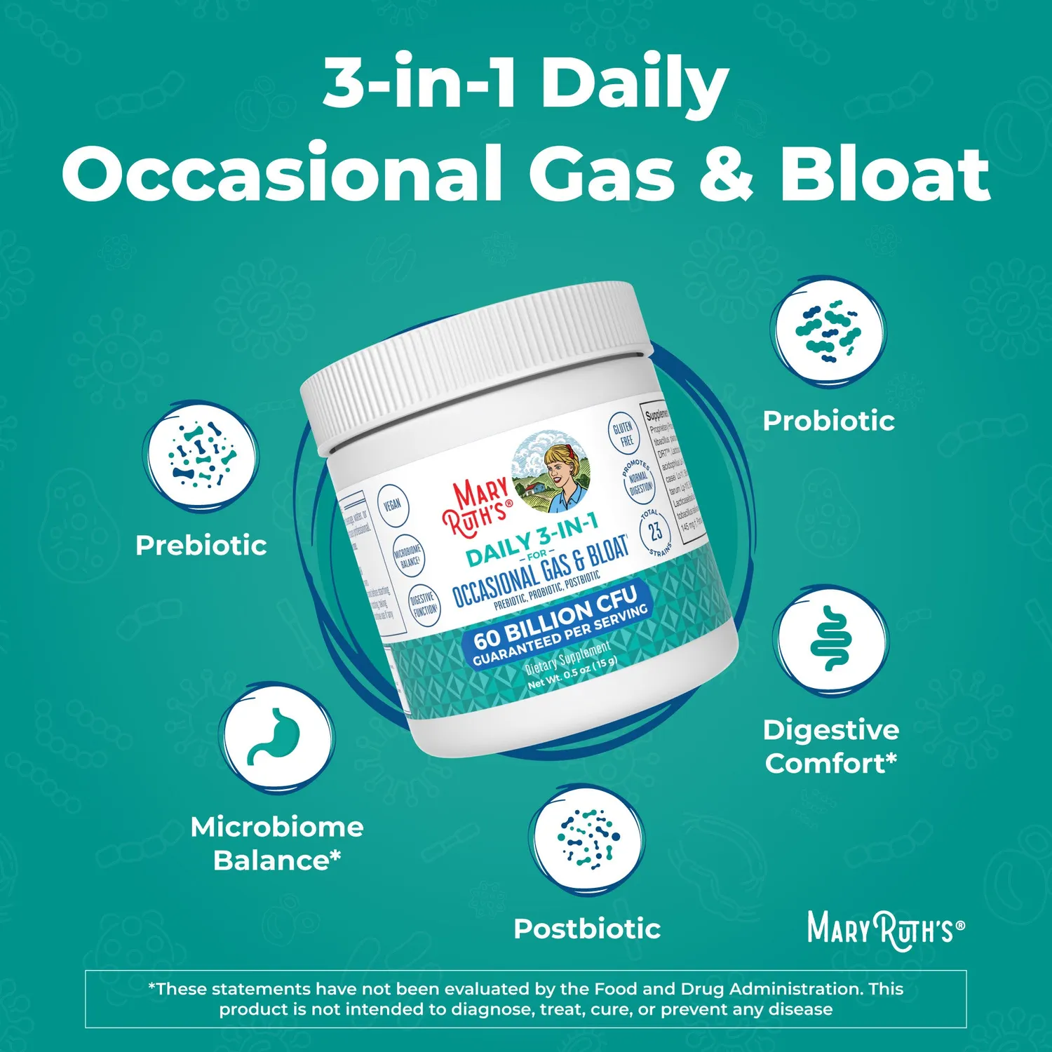 MaryRuth's 3-in-1 Gas & Bloat pulver uten smak 60 mrd