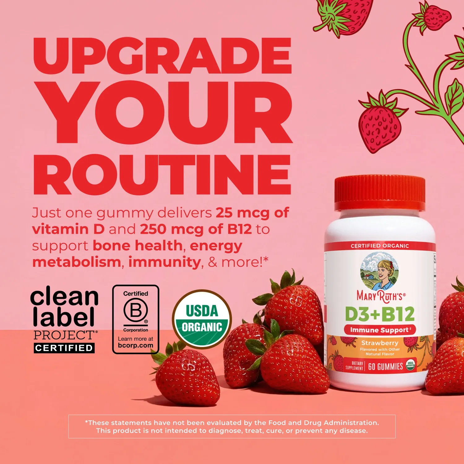 MaryRuth's Organic D3+B12 vingummi jordbær metylkobalamin