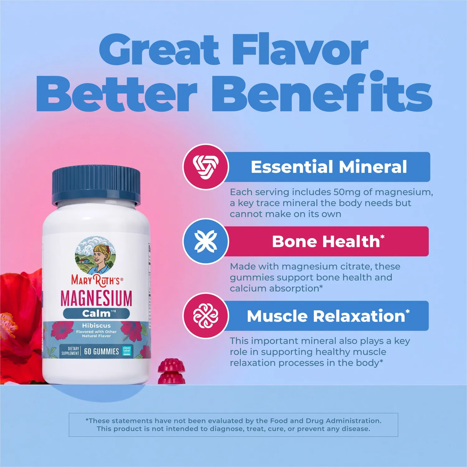 MaryRuth's Magnesium Calm vingummi hibiskus 60 stk magnesiumsitrat
