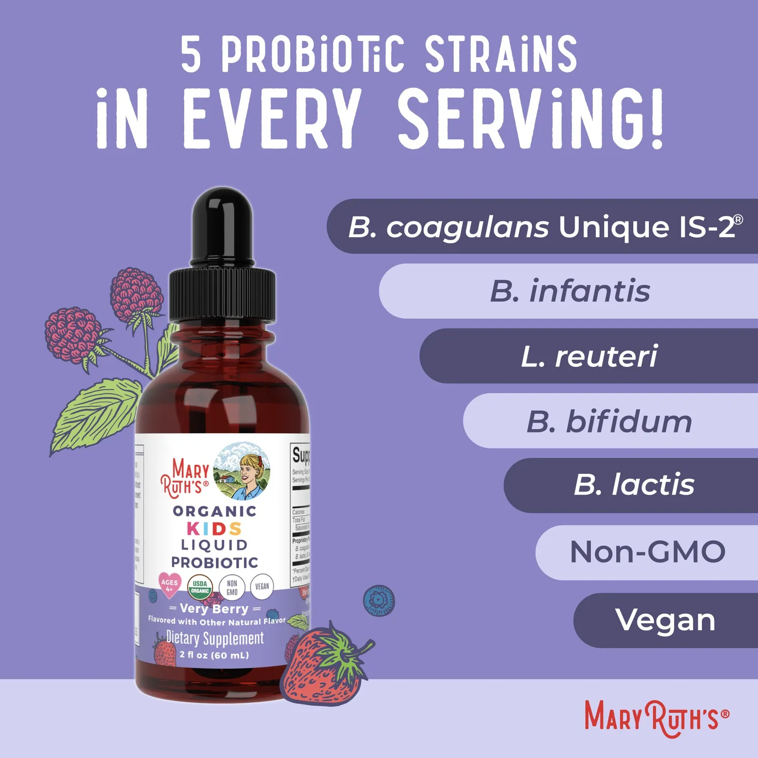 MaryRuth's Organic Kids Probiotika dråper bær 2 mrd CFU