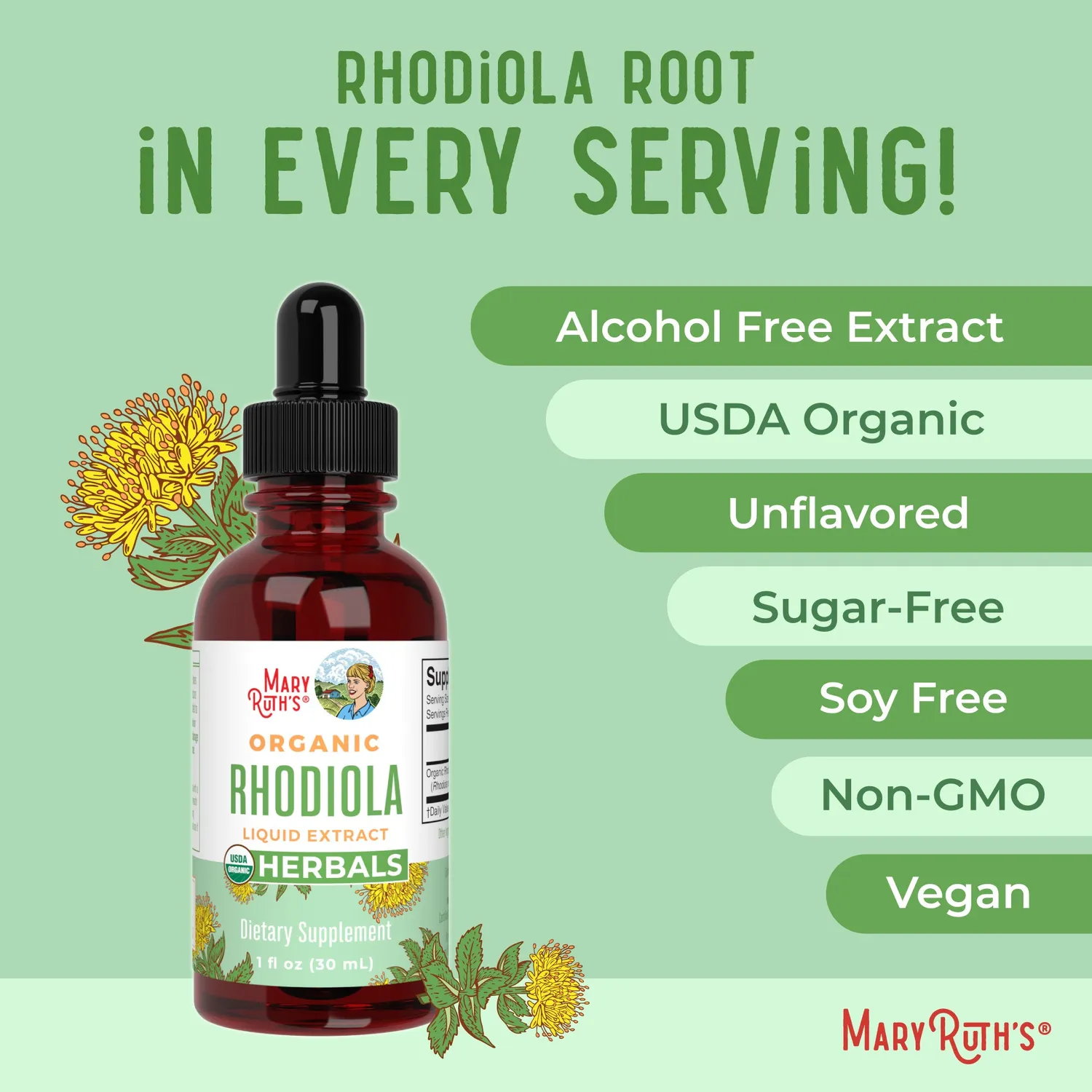 MaryRuth's Organic Rhodiola Root Liquid Extract dråper uten smak stress