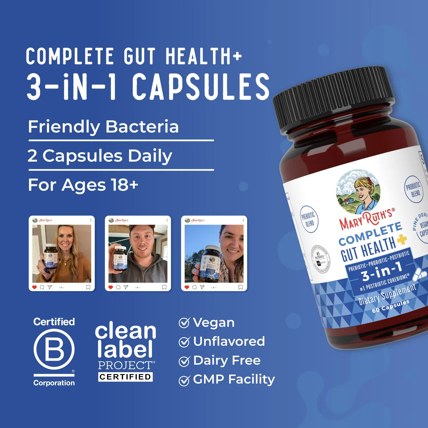 MaryRuth's Complete Gut Health+ kapsler 30 stk 3-i-1