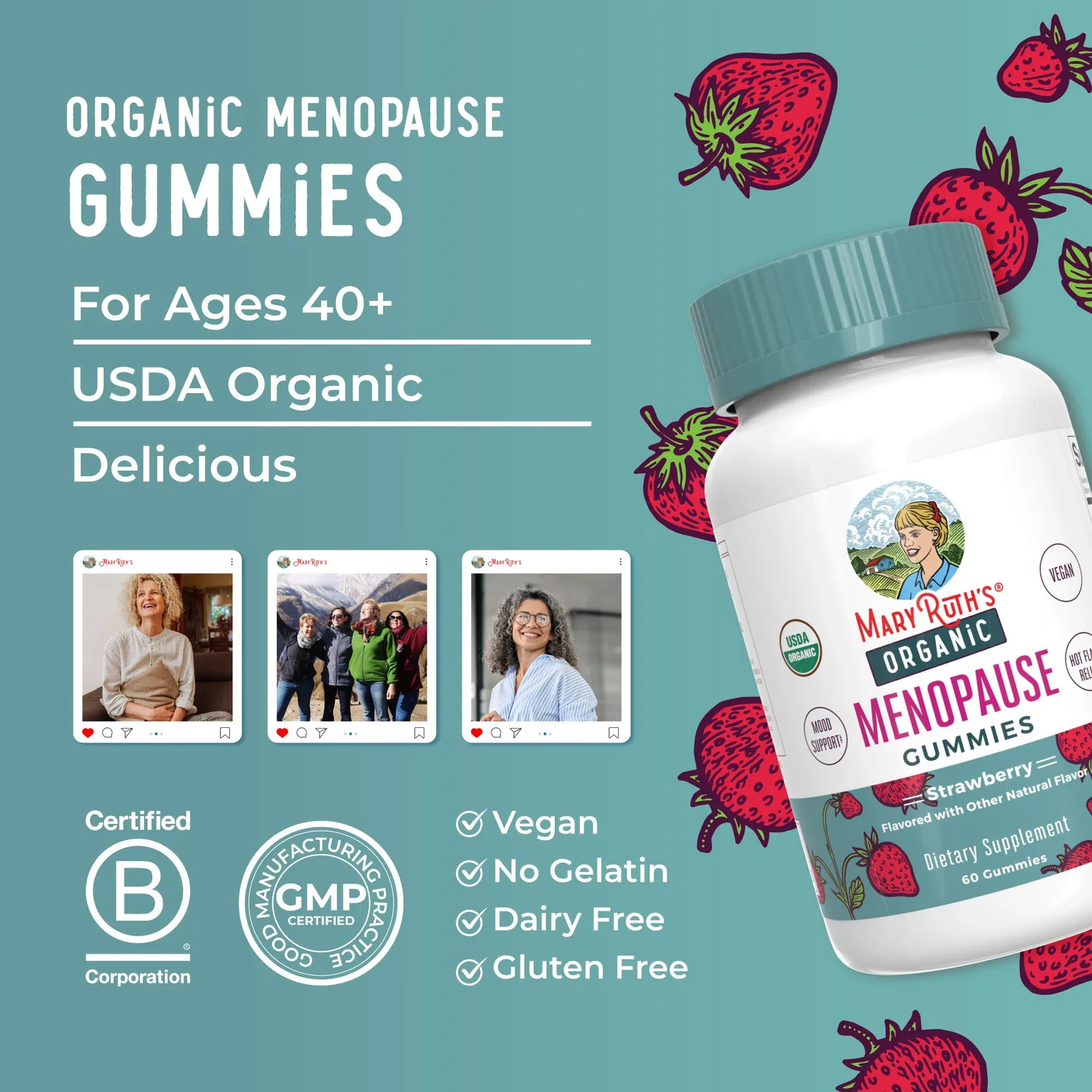 MaryRuth's Organic Menopause gummier jordbær for overgangsalder