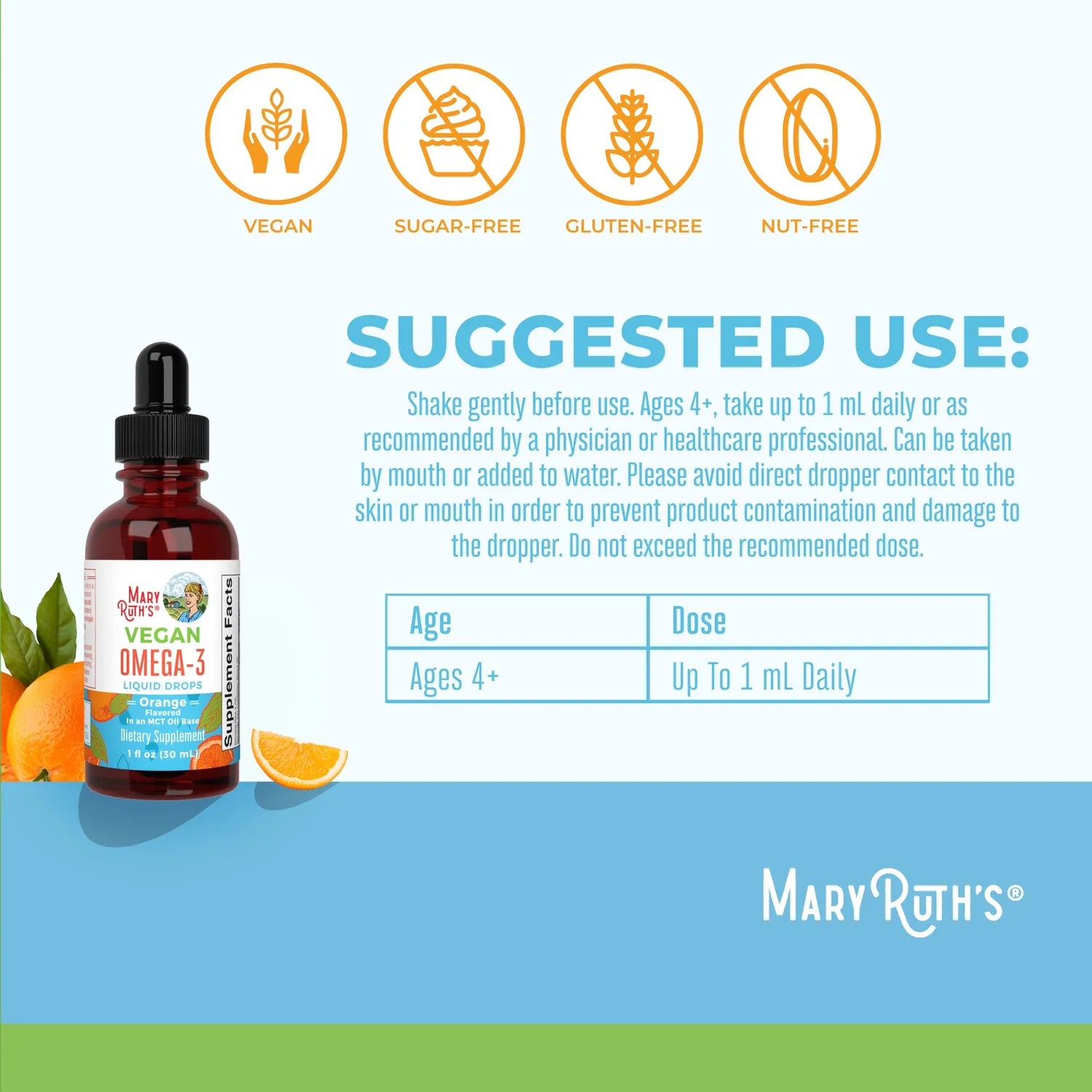 MaryRuth's Omega-3 dråper vegansk appelsin 30 doser