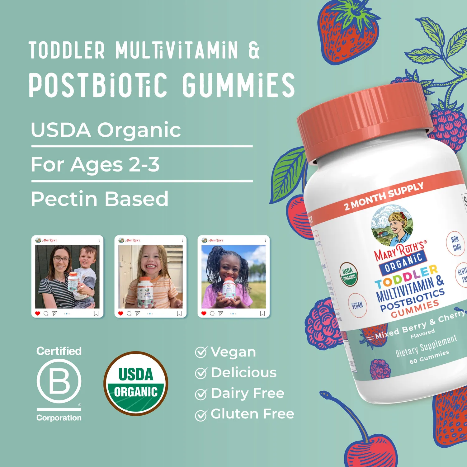 MaryRuth's Organic Toddler Multivitamin + Postbiotics gummies bær