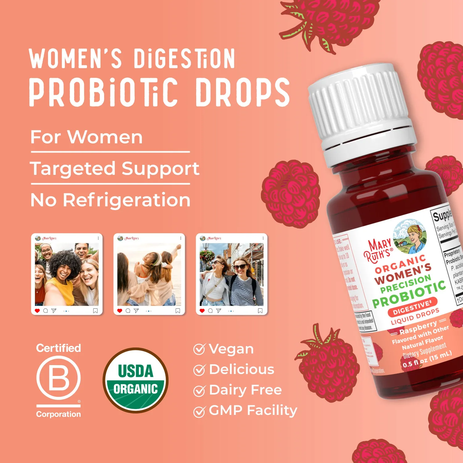 MaryRuth's Women's Probiotic dråper bringebær 4 stammer