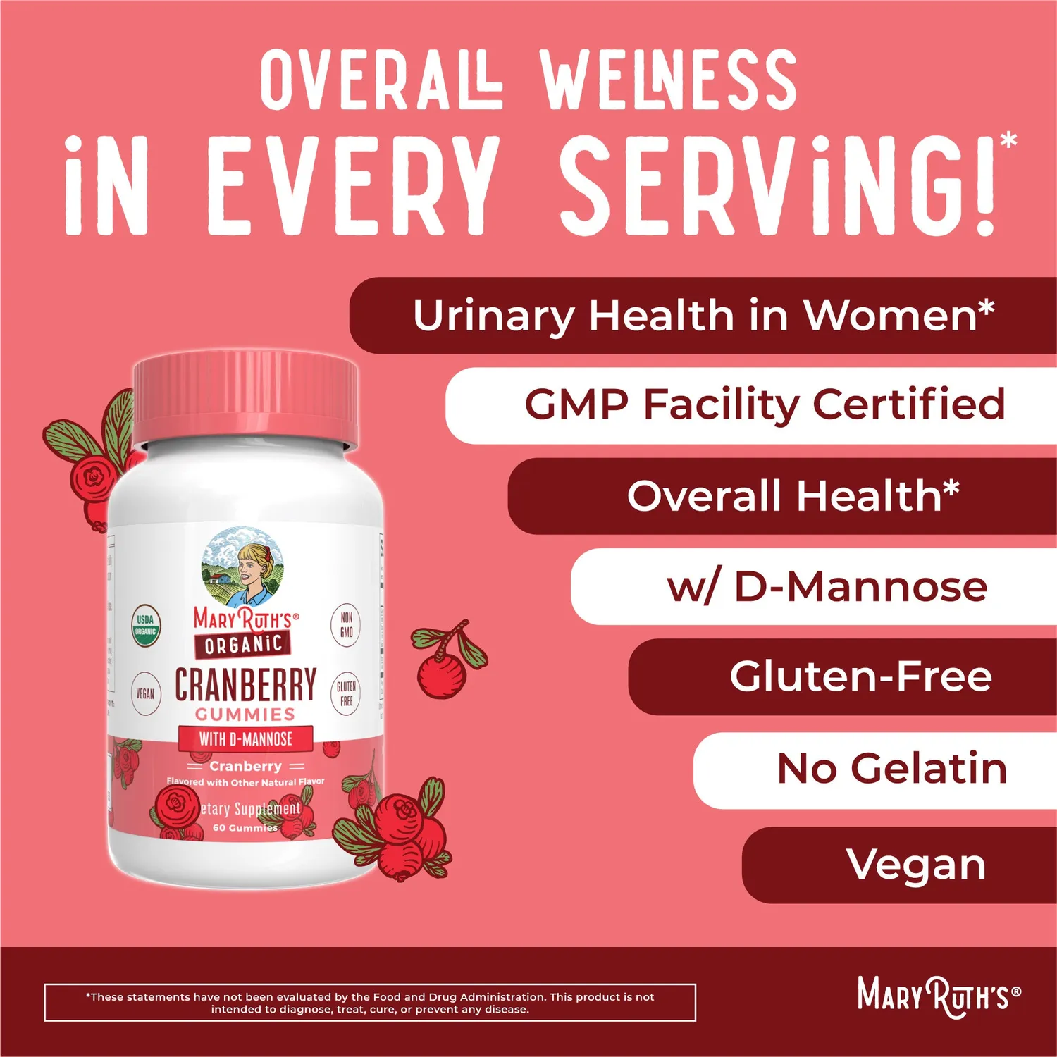 MaryRuth's Cranberry tranebær vingummi D-mannose