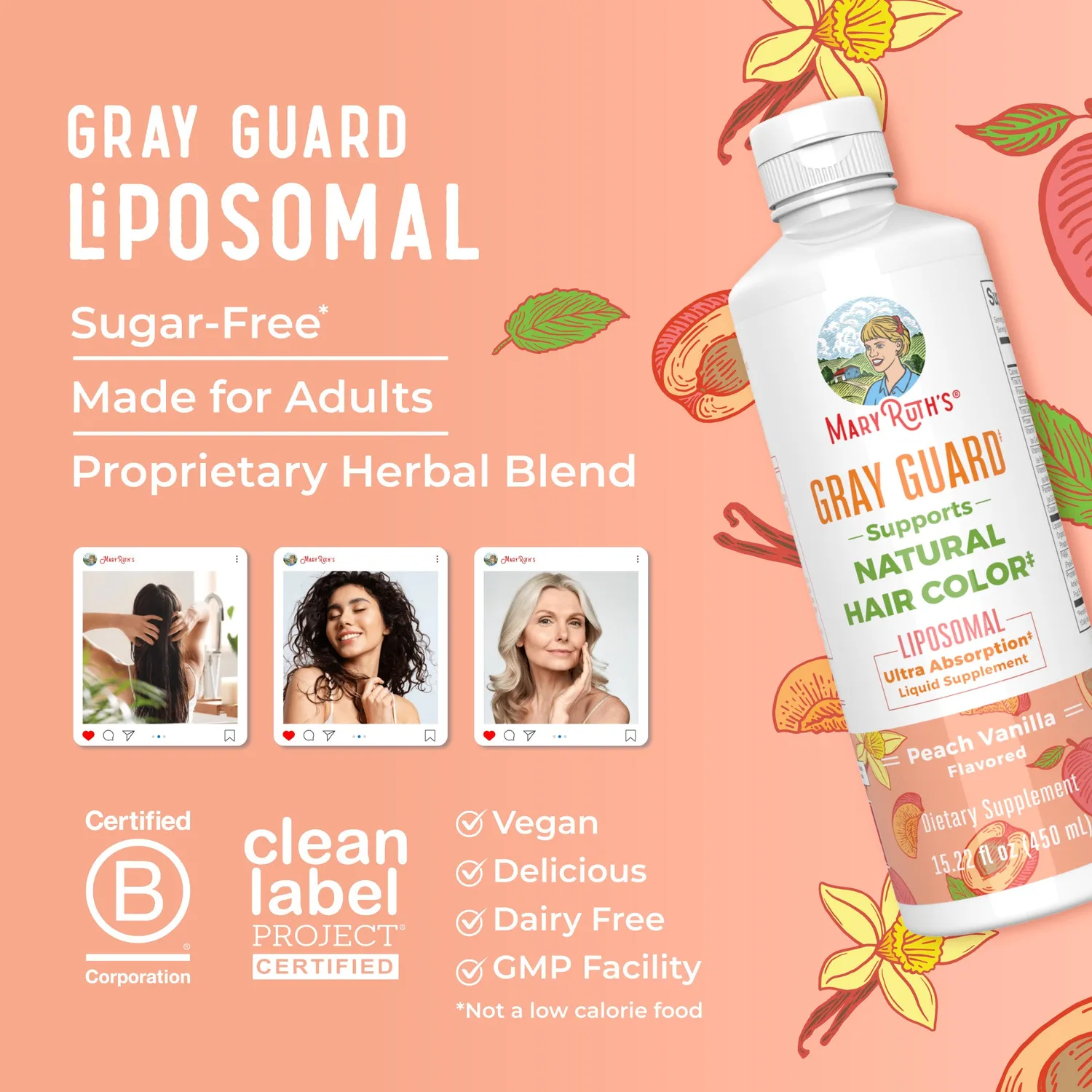 MaryRuth's Gray Guard liposomal hårvæske 450 ml fersken vanilje